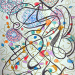 Meditative Zeichnung mit abstraktem Hintergrund und einer markanten schwarzen Linie im Vordergrund – inspiriert von Miró und Kandinsky.